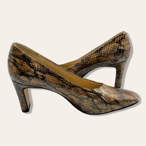 Vaneli Vintage Leather Snakeskin Almond Round Toe Block Heel Pumps Brown 6